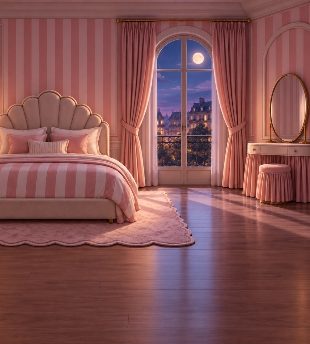 A pink dream bedroom at night