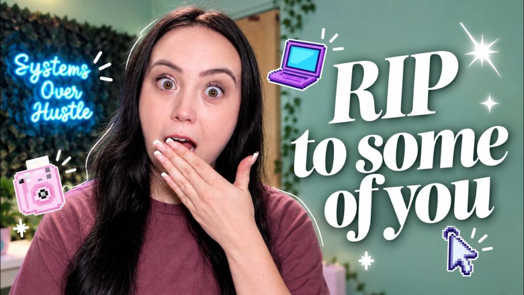 Is AI killing content creators? Samantha Warren covering her mouth in surprise next to the words RIP to some of you, with a Systems Over Hustle neon sign behind her