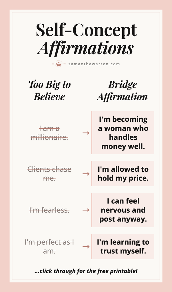 Self-concept affirmations you can actually believe. Pin graphic comparing too-big affirmations, crossed out, with believable bridge affirmations like I'm allowed to hold my price.